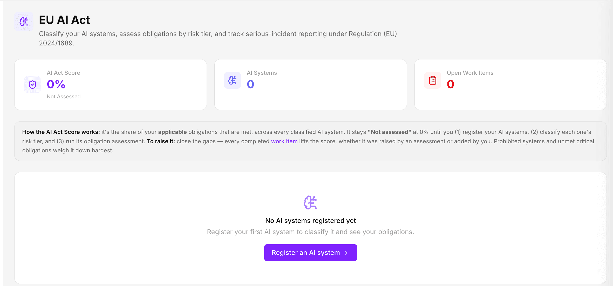 ComplyOne product screenshot: Eu ai act dashboard