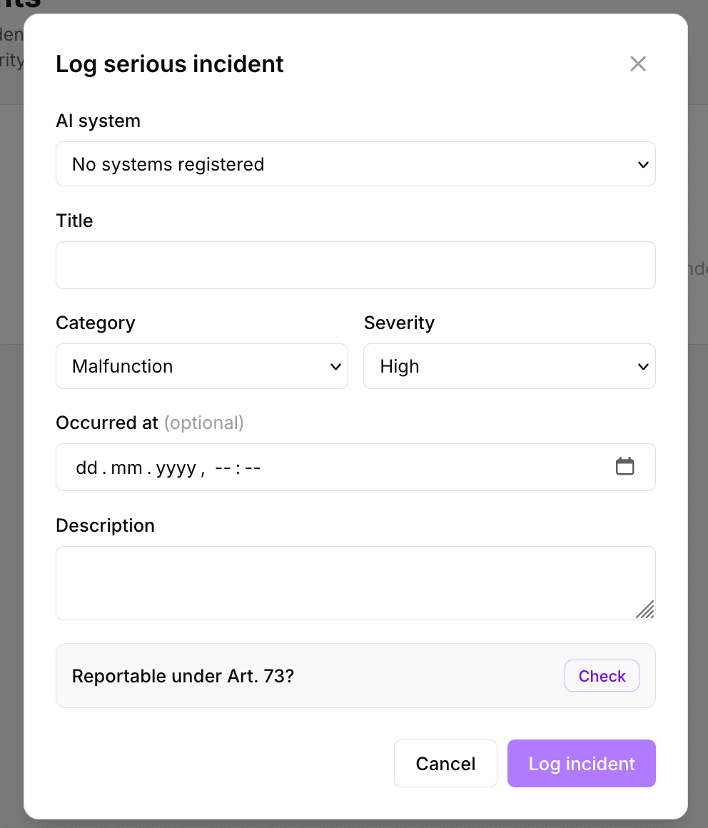 ComplyOne product screenshot: Add ai incident