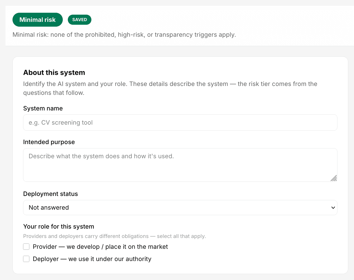 ComplyOne product screenshot: Add ai system details