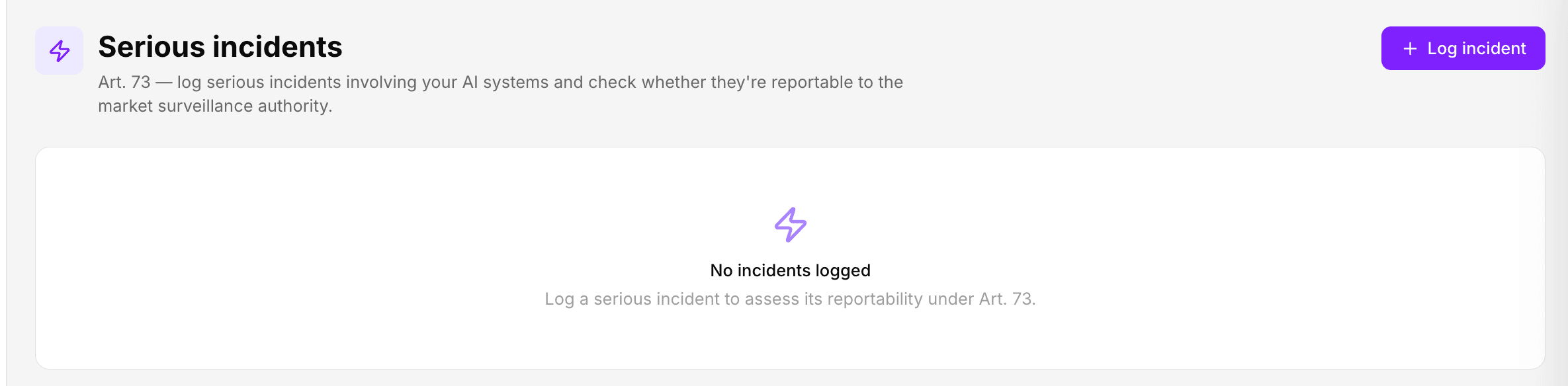 ComplyOne product screenshot: Ai incident register