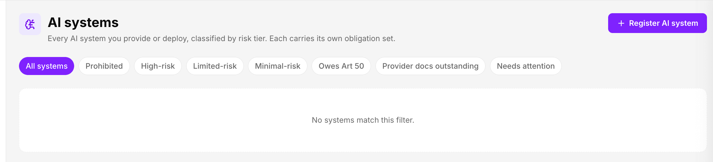 ComplyOne product screenshot: Register ai system