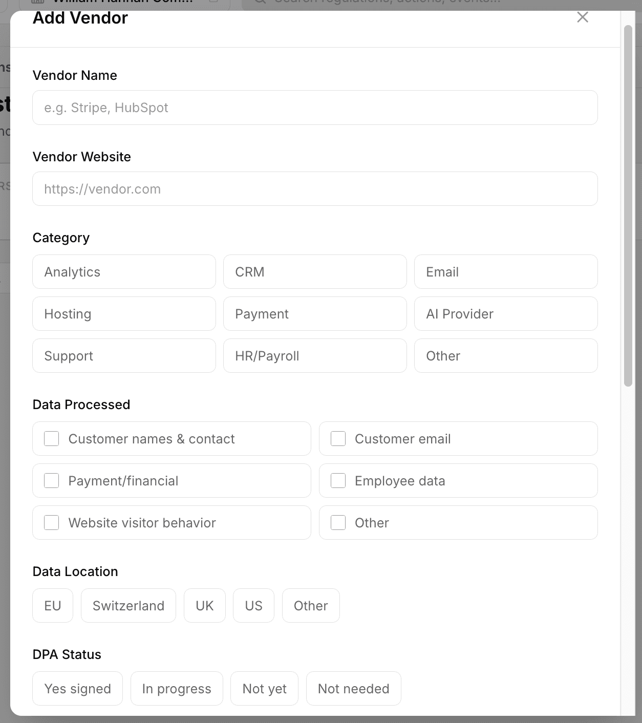 ComplyOne product screenshot: Manage vendors
