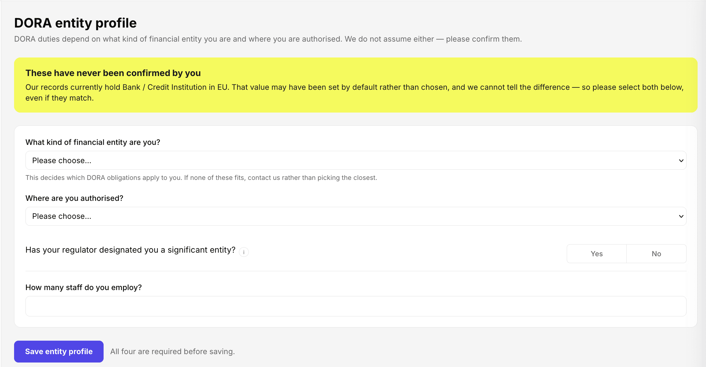 ComplyOne product screenshot: Dora entity profile
